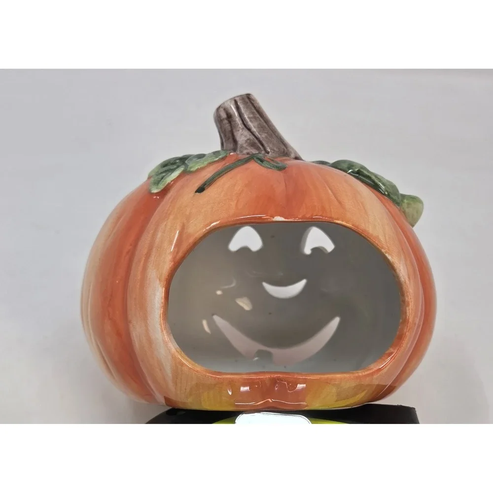 Ceramic Jack-O-Lantern Pumpkin Tea Light Candle Holder Halloween Decor 4.5